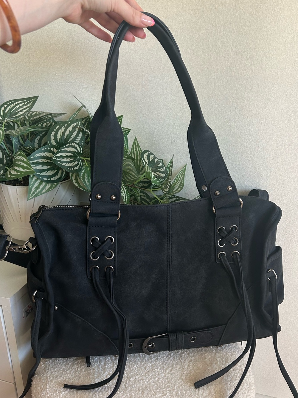 Black Women's Shoulder Tote Bag with Lace-Up Accents